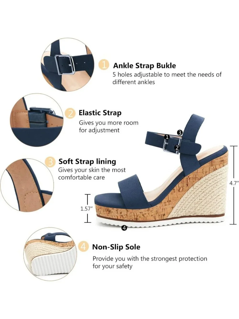 Women's Blue Espadrille Wedge Platform Sandals Open Toe Ankle Buckle Strap Shoes